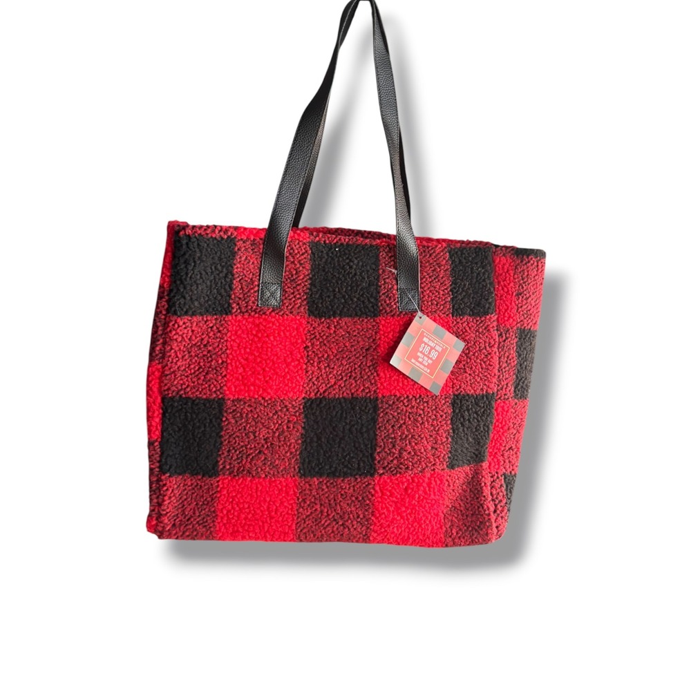 Barnes Noble Red Black Buffalo Plaid Sherpa Fleece Holiday Tote Bag NEW Heriage
